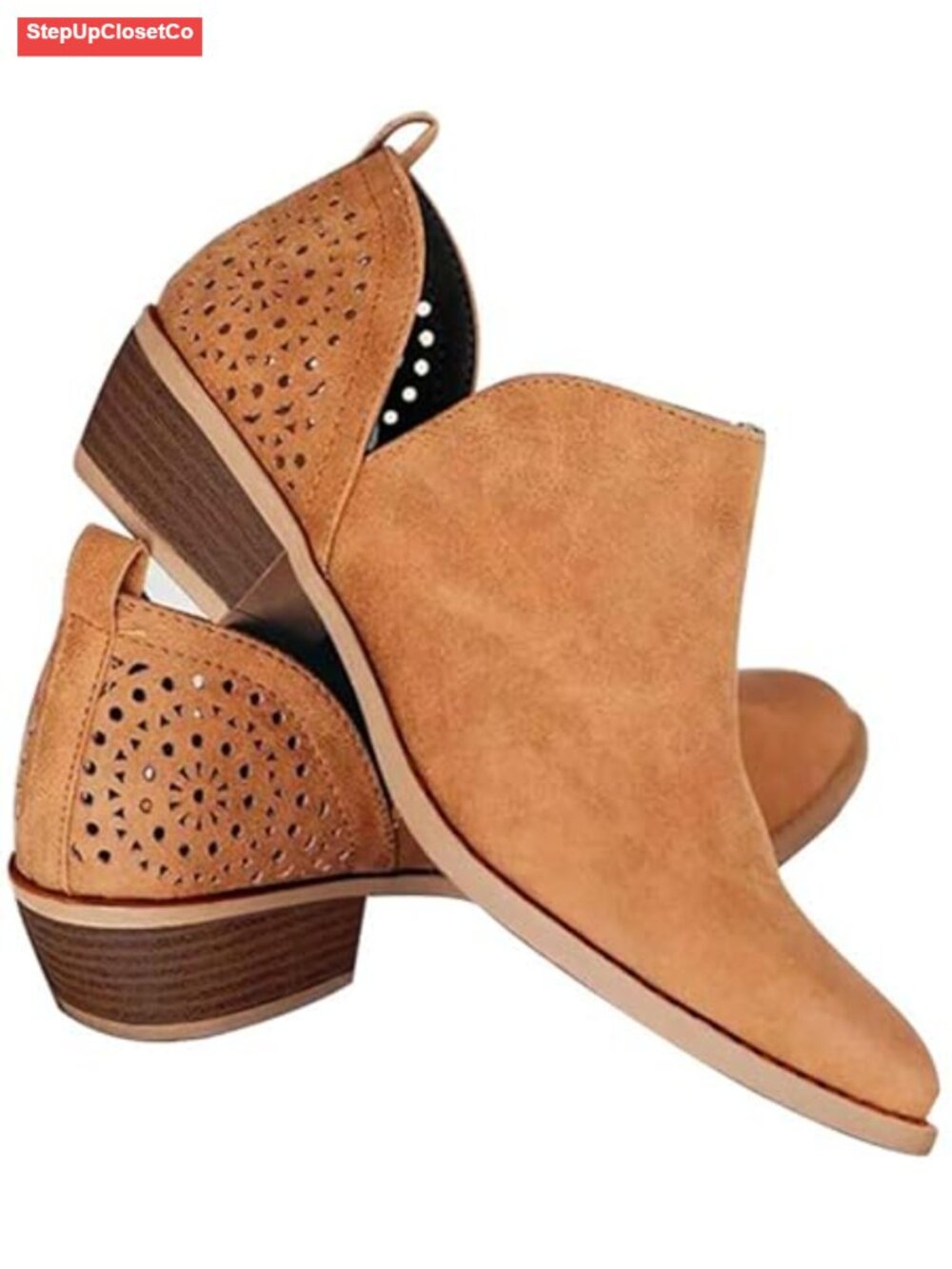 Women's Ankle Booties Chunky Stacked Heel Slip On Cut Out Vegan Leather